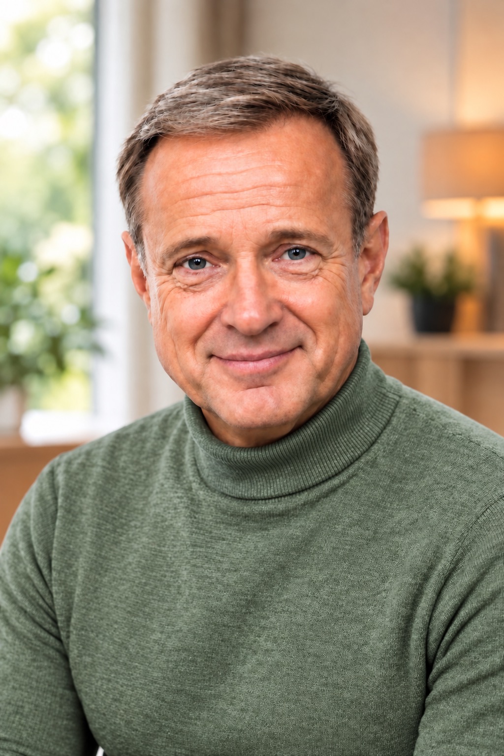 Porträt von Andreas Fusch, Praxisleitung, im grünen Rollkragenpullover mit freundlichem Lächeln in einem hellen Beratungsraum