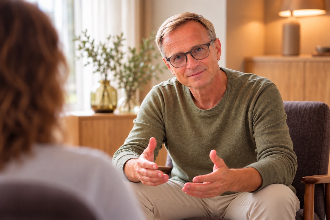 Psychologischer Berater im Gespräch mit einer Klientin in einem warm eingerichteten Beratungsraum